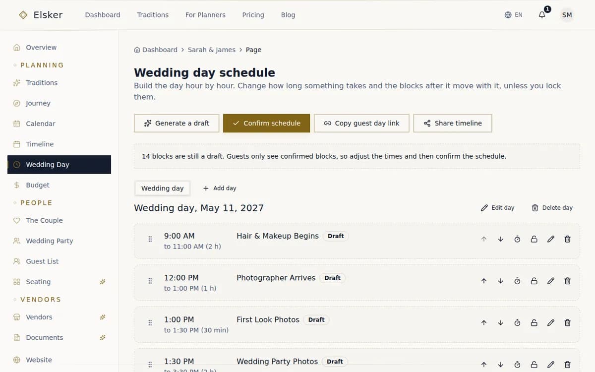 The Elsker day schedule builder with the events of a wedding day in order