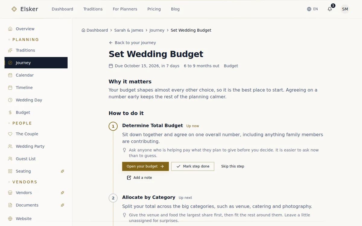 A task page in Elsker, with a note on why the task matters and the steps to take