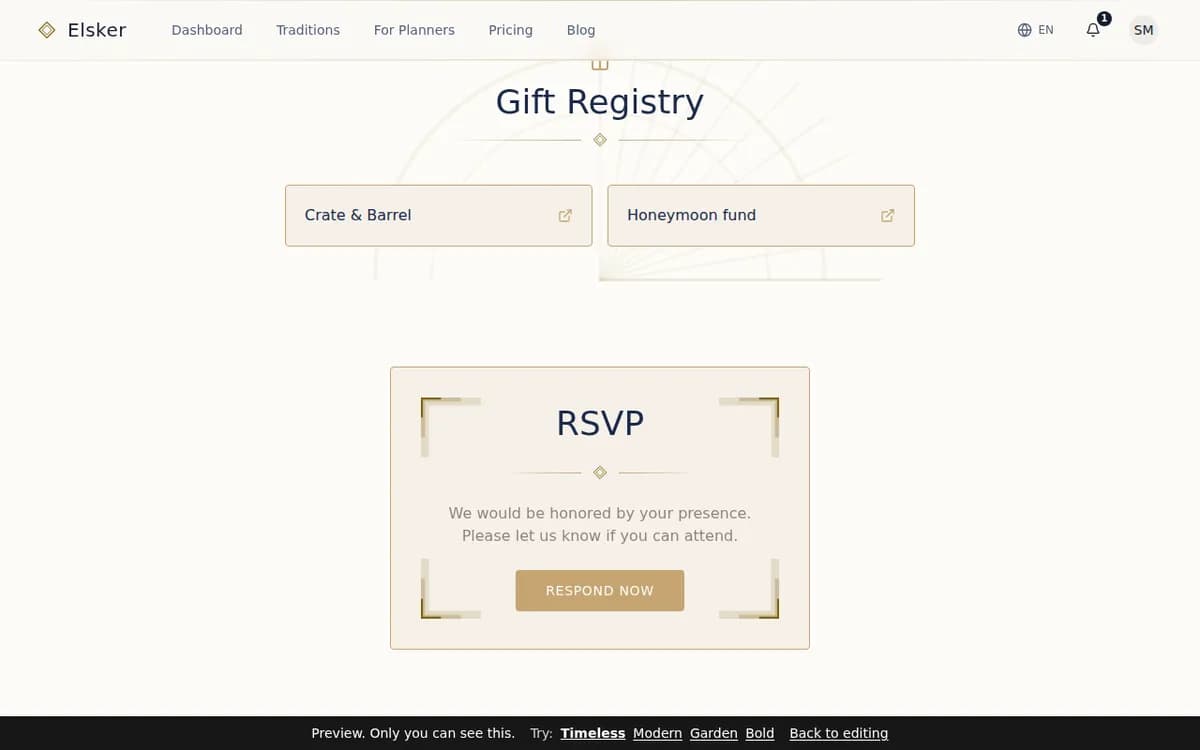 A wedding website made with Elsker, showing a gift registry and an RSVP button